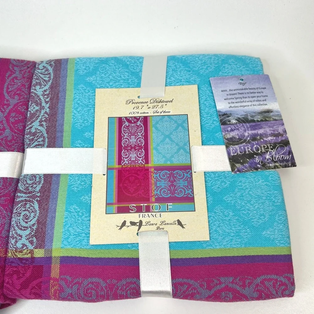 STOF France Provence Dish Towel‎ Set of 6 Cotton Blue Pink Floral Laura Lancelle